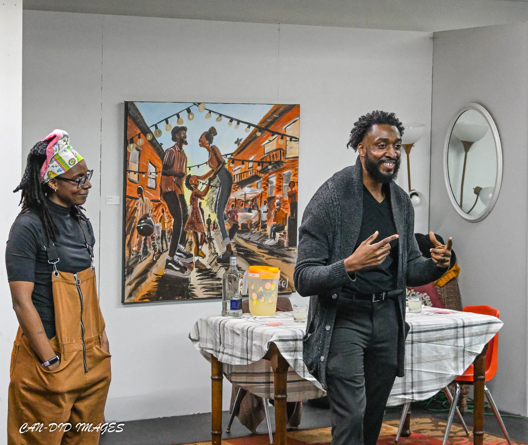 A conversation in front of the artwork.