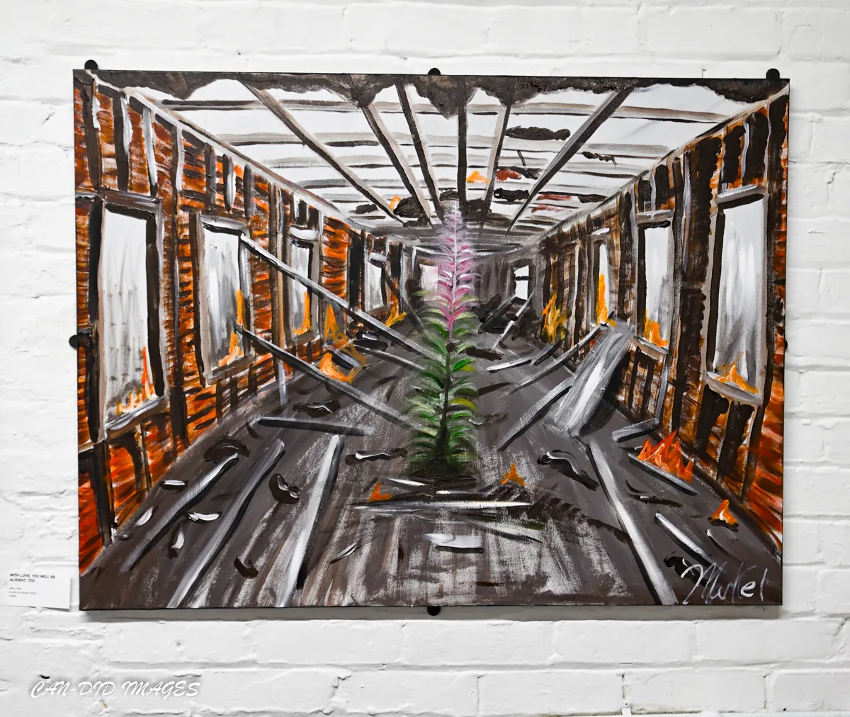 A painting of a plant growing through the center of a damaged industrial interior.