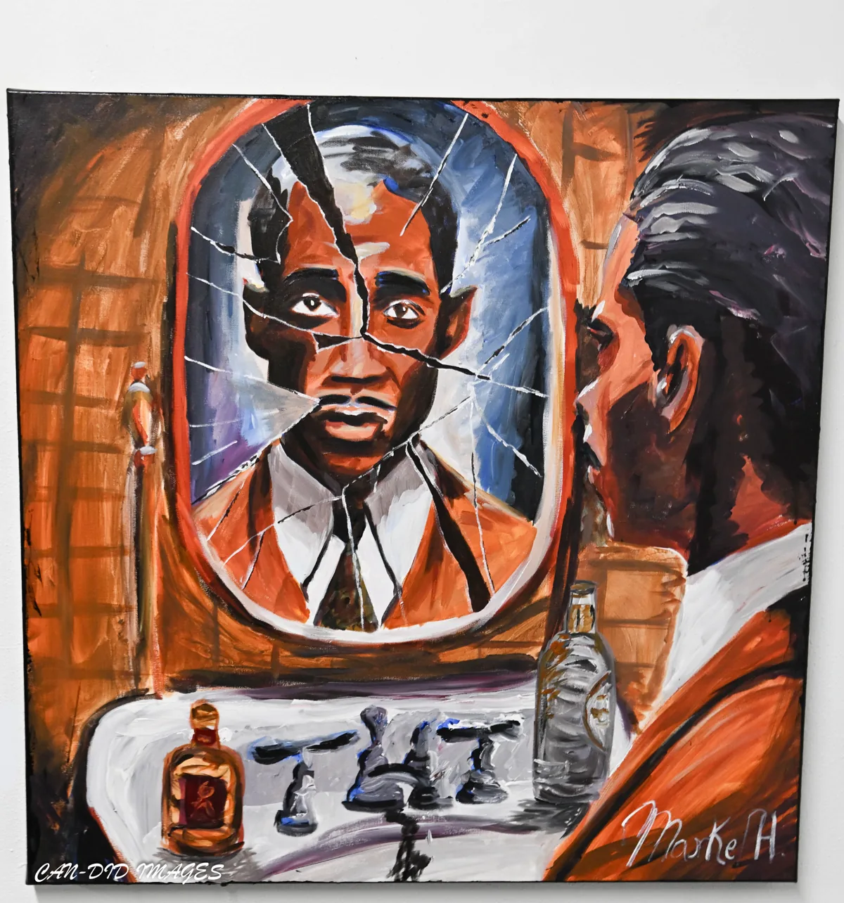 A painted portrait seen in a mirror, with a second figure facing it.